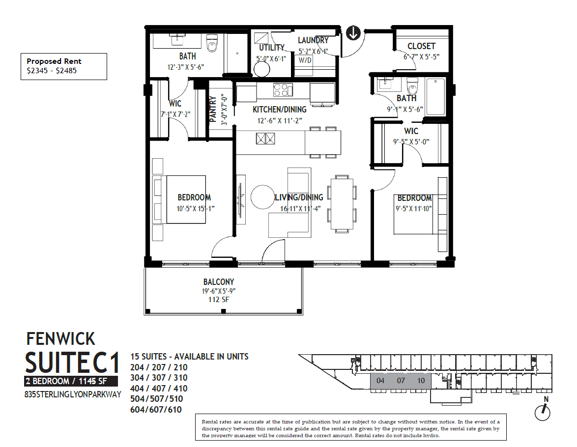 Floor plan for 2 beds, 2 baths, 1145 sqft